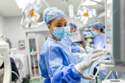 Portrait Young Female Doctor Scrubs Protective Face Mask Preparing Anesthesia Machine Before Operation 657921 1099