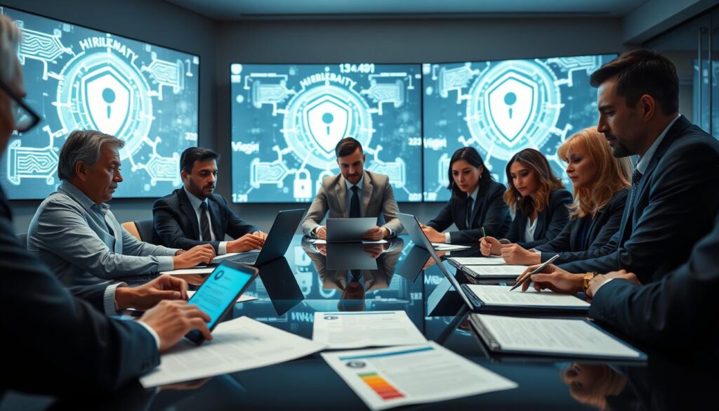 A boardroom scene, featuring a diverse group of executives, both men and women, in professional business attire. They are gathered around a sleek modern conference table, intensely reviewing digital devices and documents after a cybersecurity alert. The foreground shows close-up hands typing on laptops, a smartphone displaying security alerts, and printed reports with highlighted sections. In the middle ground, the executives exchange focused expressions, some taking notes, while large screens in the background display abstract representations of digital security threats, glowing in a dimly lit room. The atmosphere is tense yet determined, illuminated by soft overhead lighting, creating an urgent mood. The angle is slightly above eye-level, capturing both the subjects and their intense engagement with the task at hand. A Boardroom Scene, Featuring A Diverse Group Of Executives, Both Men And Women, In Professional Business Attire. They Are Gathered Around A Sleek Modern Conference Table, Intensely Reviewing Digital Devices And Documents After A Cybersecurity Alert. The Foreground Shows Close-Up Hands Typing On Laptops, A Smartphone Displaying Security Alerts, And Printed Reports With Highlighted Sections. In The Middle Ground, The Executives Exchange Focused Expressions, Some Taking Notes, While Large Screens In The Background Display Abstract Representations Of Digital Security Threats, Glowing In A Dimly Lit Room. The Atmosphere Is Tense Yet Determined, Illuminated By Soft Overhead Lighting, Creating An Urgent Mood. The Angle Is Slightly Above Eye-Level, Capturing Both The Subjects And Their Intense Engagement With The Task At Hand.