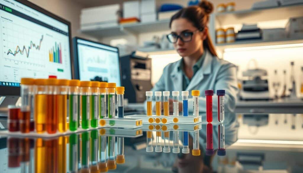 A Close-Up View Of A Sophisticated Laboratory Setting, Showcasing Two Sets Of Genetic Test Results Compared To Biological Exam Samples. In The Foreground, A Clear Glass Table Displays A Variety Of Colorful, Well-Organized Test Tubes And Vials, Along With A Computer Screen Featuring Detailed Graphs And Charts, Symbolizing Data Analysis. In The Middle Ground, A Researcher In Professional Attire Examines Results With A Focused Expression, Surrounded By Advanced Lab Equipment And Dna Sequencing Visuals. The Background Is Softly Blurred With Shelves Filled With Scientific Journals And Equipment, Bathed In Soft, Bright Lighting To Evoke A Sense Of Innovation And Seriousness. The Overall Atmosphere Is One Of Professionalism And Scientific Inquiry, Highlighting The Theme Of Genetic Testing And Its Implications.
