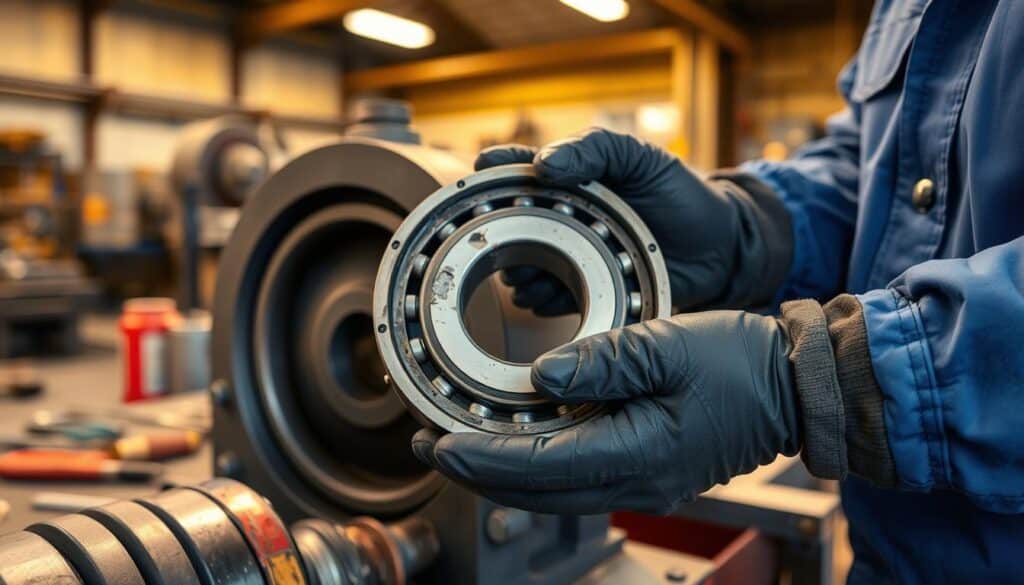 A close-up view of a worn-out roller bearing being inspected on a workshop machine. In the foreground, the focus is on the roller bearing, showcasing its damaged surface and wear patterns, with fine details visible. The technician’s hands are gently holding it, wearing gloves for safety; they are dressed in a professional blue jumpsuit. In the middle ground, the machine is partially visible, with metallic textures and various tools scattered around. The background features a blurred workshop environment, with warm overhead lighting enhancing the scene's industrial atmosphere. The image captures a serious and analytical mood, emphasizing the importance of examining equipment effectiveness in predictive maintenance. A Close-Up View Of A Worn-Out Roller Bearing Being Inspected On A Workshop Machine. In The Foreground, The Focus Is On The Roller Bearing, Showcasing Its Damaged Surface And Wear Patterns, With Fine Details Visible. The Technician’s Hands Are Gently Holding It, Wearing Gloves For Safety; They Are Dressed In A Professional Blue Jumpsuit. In The Middle Ground, The Machine Is Partially Visible, With Metallic Textures And Various Tools Scattered Around. The Background Features A Blurred Workshop Environment, With Warm Overhead Lighting Enhancing The Scene&Amp;Apos;S Industrial Atmosphere. The Image Captures A Serious And Analytical Mood, Emphasizing The Importance Of Examining Equipment Effectiveness In Predictive Maintenance.