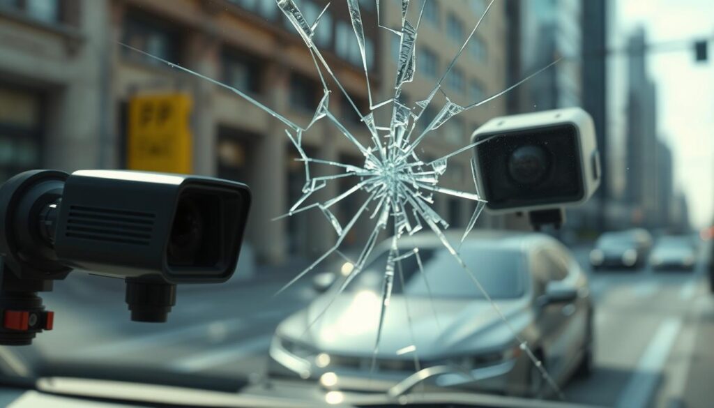 A Close-Up View Of An Autonomous Vehicle&Amp;Apos;S Sensors, Prominently Displayed Near A Damaged Windshield. The Foreground Features Detailed High-Tech Sensors And Cameras, Showcasing Intricate Textures And Designs. The Middle Ground Presents The Cracked Windshield, With Shards Of Glass Catching The Light, Creating Dramatic Reflections. In The Background, A Blurred Urban Environment Hints At A Busy City Street. The Lighting Is Soft Yet Cinematic, With Natural Sunlight Filtering Through The Damaged Glass, Casting Shadows That Add Depth To The Scene. The Atmosphere Is Tense, Conveying A Sense Of Uncertainty And Vulnerability Associated With The Technology Of Autonomous Vehicles. Focus On Realism And Clarity, Without Any Signs Of People Or Text.