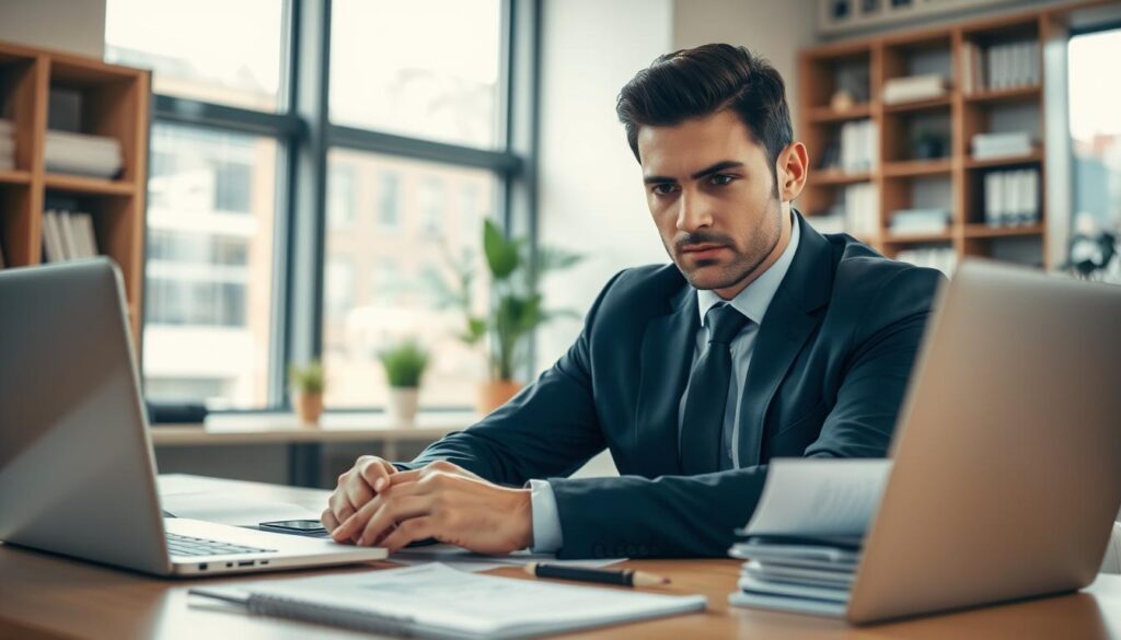 A Confident Business Professional, Dressed In Formal Attire, Is Seated At A Modern Desk Covered With Papers And A Laptop. In The Foreground, A Focused Expression Shows Determination As They Prepare A Detailed Response To A Request For Explanation, Highlighting The Serious Nature Of Insurance Fraud Monitoring. The Middle Ground Features Various Documents And A Notepad Filled With Notes, Symbolizing Meticulous Research And Analysis. The Background Depicts An Office Environment With Shelves Of Books And A Large Window Allowing Natural Light To Illuminate The Space. Soft, Warm Lighting Creates A Thoughtful Atmosphere, While A Camera Angle Focused On The Subject&Amp;Apos;S Concentration Captures The Essence Of Diligence And Professionalism.