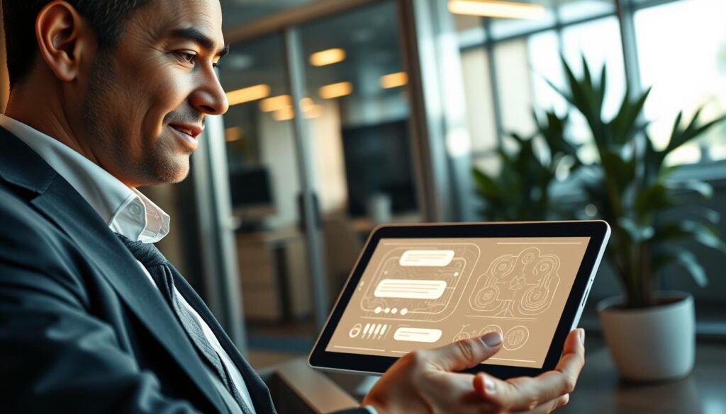 A Confident Individual Engaged In A Conversation With A Chatbot Interface On A Sleek Digital Device, Such As A Tablet Or Laptop, In A Modern Office Setting. The Foreground Features The Individual, Dressed In Professional Business Attire, Displaying A Focused Expression While Interacting With The Chatbot. In The Middle, The Screen Of The Device Glows Softly, Showcasing An Intricate Digital Interface That Represents An Ai Chatbot, With Subtle Animations Indicating Active Dialogue. The Background Reveals A Well-Lit Office Environment With Contemporary Decor, Including Glass Walls And Plants, Creating A Serene Yet Professional Atmosphere. The Overall Mood Is One Of Curiosity And Engagement, Illuminated By Warm, Natural Lighting That Adds Depth And Clarity To The Scene. The Camera Angle Captures A Close-Up Perspective, Emphasizing The Interaction Between The Person And The Technology.