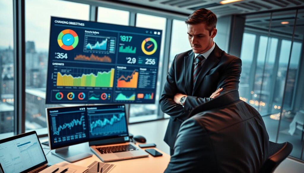 A Corporate Employee, Dressed In Smart Business Attire, Stands At A Modern Office Desk, Closely Examining A Digital Dashboard Filled With Fluctuating Performance Indicators And Changing Objectives. The Foreground Features The Employee&Amp;Apos;S Focused Face, Illuminated By The Soft Glow Of The Computer Screen, Showcasing A Mix Of Determination And Concern. In The Middle Ground, The Desk Is Cluttered With Analytical Reports And A Laptop Displaying Graphs. The Background Reveals A Sleek, Contemporary Office Space, With Large Windows Letting In Natural Light And A Cityscape View, Creating A Dynamic Atmosphere. The Composition Captures A Sense Of Urgency And Reflection, Suggesting The Challenges Of Adapting To Technological Stressors In The Workplace.