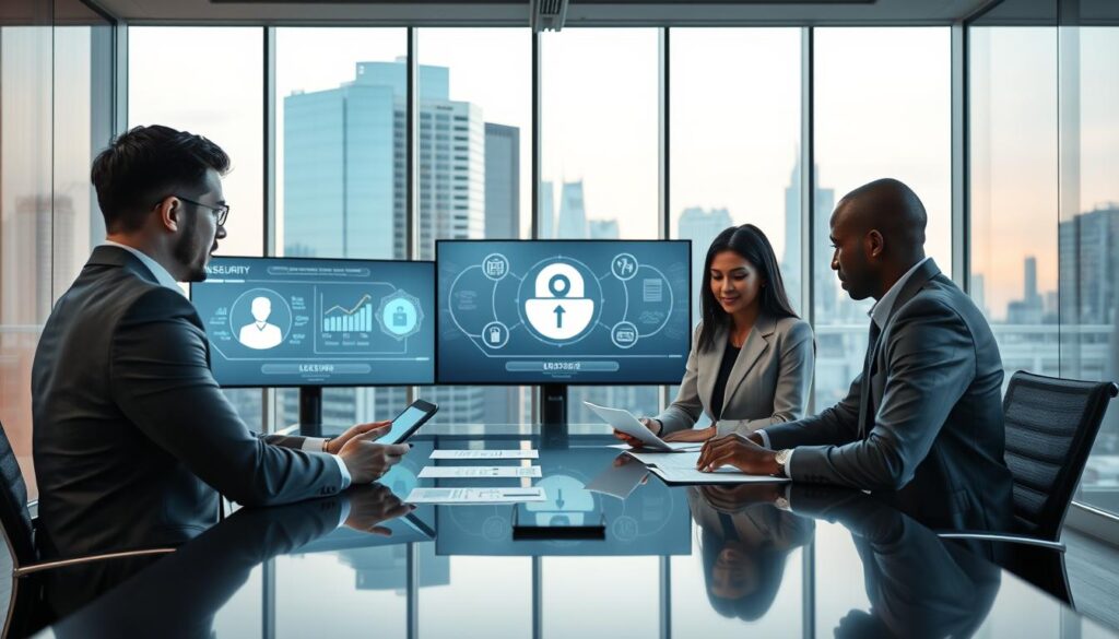 A Corporate Meeting Room Setting Focused On A Team Discussing Data Privacy Measures Prior To Sharing Insurance Data. In The Foreground, A Diverse Group Of Four Professionals In Formal Business Attire Gather Around A Sleek Conference Table, Examining Digital Devices And Documents. The Middle Ground Features Interactive Digital Screens Displaying Data Security Protocols And Diagrams. The Background Showcases Modern Office Decor, Including Large Windows With A City Skyline View. Soft, Ambient Lighting Casts A Warm Glow, Creating A Serious Yet Collaborative Atmosphere. The Image Composition Emphasizes Focus On Teamwork And Responsible Data Management, Inviting Viewers Into A Scene Of Diligence And Professionalism In The Financial Technology Sector.