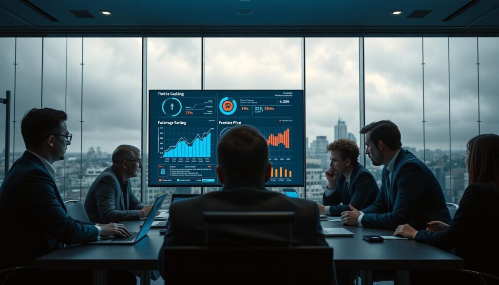 A corporate office scene illustrating a crisis management plan for a business lacking cyber coverage. In the foreground, a diverse group of four professionals in business attire is engaged in a serious discussion, surrounded by laptops and digital devices. The middle ground features a large digital screen displaying graphs and cybersecurity data, conveying the urgency of the situation. In the background, a modern office setting with glass walls and a gloomy, overcast view outside, enhancing the sense of impending threats from automated ransomware attacks. The lighting is dim and dramatic, focusing on the team while creating a tense atmosphere that reflects the criticality of the topic. The overall mood is one of urgency and preparation for a looming crisis. A Corporate Office Scene Illustrating A Crisis Management Plan For A Business Lacking Cyber Coverage. In The Foreground, A Diverse Group Of Four Professionals In Business Attire Is Engaged In A Serious Discussion, Surrounded By Laptops And Digital Devices. The Middle Ground Features A Large Digital Screen Displaying Graphs And Cybersecurity Data, Conveying The Urgency Of The Situation. In The Background, A Modern Office Setting With Glass Walls And A Gloomy, Overcast View Outside, Enhancing The Sense Of Impending Threats From Automated Ransomware Attacks. The Lighting Is Dim And Dramatic, Focusing On The Team While Creating A Tense Atmosphere That Reflects The Criticality Of The Topic. The Overall Mood Is One Of Urgency And Preparation For A Looming Crisis.