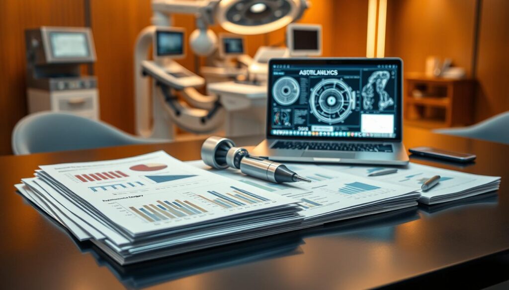 A Detailed And Professional Dossier Table Spread Across A Sleek, Modern Desk. The Foreground Features A Well-Organized Stack Of Documents, Showcasing Charts And Graphs Related To Bodily And Material Damages Post Robotic Surgery, With A Focus On Data Analytics. In The Middle, A High-Tech Robotic Surgical Tool Is Elegantly Placed Alongside A Sophisticated Laptop Displaying Intricate Surgical Algorithms. The Background Reveals Soft-Focused Medical Equipment And A Consultation Room Setting, With Warm, Diffused Lighting Creating A Serious Yet Informative Atmosphere. The Overall Mood Conveys An Air Of Professionalism And Critical Analysis, Emphasizing The Need For Thorough Auditing Of Algorithmic Errors In Robotic Surgery.