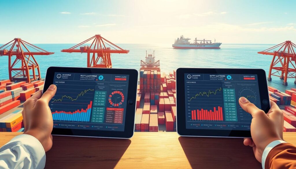 A Detailed And Vibrant Illustration Capturing A Maritime Logistics Scene Featuring Side-By-Side Visual Comparisons Of Shipping Quotes For Goods On The Same Route. In The Foreground, Two Digital Tablets Display Contrasting Data, With Graphs And Images Of Different Maritime Cargo. In The Middle Ground, A Busy Shipping Dock Filled With Containers And Cranes, Emphasizing A Complex Logistical Environment, Illuminated By Soft, Diffused Sunlight. In The Background, A Cargo Ship Sails Under A Clear Blue Sky, Symbolizing Global Trade. The Atmosphere Is Tense Yet Focused, Highlighting The Intricacy Of Maritime Transport Logistics. The Image Should Use A Wide-Angle Lens Perspective To Encapsulate The Entire Scene Without Any Text, Ensuring A Professional Presentation Suitable For An Article.