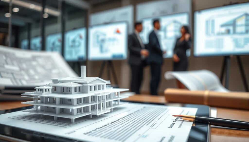 A Detailed Architectural Diagram Illustrating A Construction Insurance Contract, Focusing On Bim Guarantees Relevant To The Mission. In The Foreground, A Close-Up Of A Digital Tablet Displaying Layered 3D Models Of A Building Project, Symbolizing Building Information Modeling (Bim). The Middle Ground Features A Blurred Office Environment With Professionals In Business Attire Discussing The Project, Signifying Collaboration And Legal Considerations. The Background Showcases Architectural Blueprints And Digital Screens With Diagrams Seamlessly Integrated With Construction Elements. Soft, Diffused Lighting Enhances Clarity, While A Slight Tilt Angle Directs Attention Toward The Main Subject. The Atmosphere Is Professional And Analytical, Reflecting A Serious Discussion On Construction Responsibility And Insurance Nuances. No Text, Logos, Or Watermarks Present.