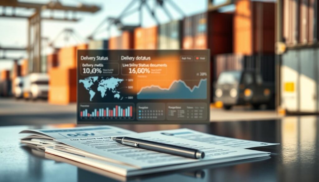A Detailed Comparison Scene Showcasing The Logistics Of Delivery Status Versus Shipping Documents. In The Foreground, A Sleek, Modern Digital Dashboard Displays An Animated Graph Illustrating Delivery Metrics And Status Updates, Such As A Live Tracking Map And Progress Indicators. In The Middle Ground, An Organized Workspace With Shipping Papers, Invoices, And A Pen Lies Scattered, Reflecting The Traditional Documentation Process. The Background Features A Blurred Out Shipping Yard With Containers And Trucks, Emphasizing The Scale Of Logistics. Soft, Natural Lighting Enhances The Professionalism Of The Scene, Capturing A Reflective Mood. The Composition Is Shot From A Slightly Elevated Angle, Providing Depth And Focus On The Contrasted Elements Of Modern Technology And Traditional Documentation.