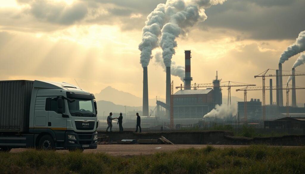A detailed landscape showcasing an industrial scene featuring a large truck, an expansive factory emitting smoke, and a construction site, all illustrating environmental risks associated with corporate activities. In the foreground, the truck is parked next to a construction area with workers in professional business attire safely managing materials. The middle ground displays the factory, with visible pollution and machinery, capturing the stark contrast between industry and nature. In the background, a gloomy sky hints at environmental degradation, enhanced by dramatic lighting that casts long shadows and emphasizes the seriousness of ecological impact. The overall mood is somber and thought-provoking, inviting reflection on the responsibility of businesses toward the environment. A Detailed Landscape Showcasing An Industrial Scene Featuring A Large Truck, An Expansive Factory Emitting Smoke, And A Construction Site, All Illustrating Environmental Risks Associated With Corporate Activities. In The Foreground, The Truck Is Parked Next To A Construction Area With Workers In Professional Business Attire Safely Managing Materials. The Middle Ground Displays The Factory, With Visible Pollution And Machinery, Capturing The Stark Contrast Between Industry And Nature. In The Background, A Gloomy Sky Hints At Environmental Degradation, Enhanced By Dramatic Lighting That Casts Long Shadows And Emphasizes The Seriousness Of Ecological Impact. The Overall Mood Is Somber And Thought-Provoking, Inviting Reflection On The Responsibility Of Businesses Toward The Environment.