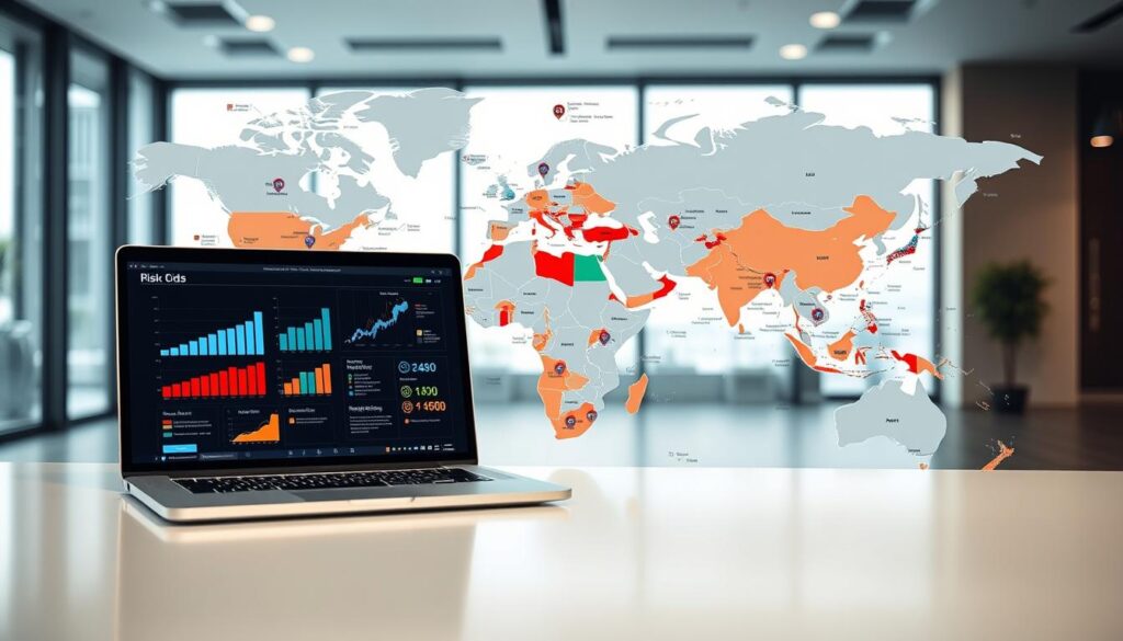 A Detailed Map Showcasing Geopolitical Risk Assessment For Businesses, With Various Regions Color-Coded To Indicate Varying Levels Of Risk. In The Foreground, A Sleek, Modern Desk With A Laptop Displaying Data Analytics And Graphs. The Middle Ground Features The Expansive Map, Filled With Icons Representing Different Industries And Risk Factors, While The Background Shows A Blurred View Of A Professional Office Environment With Soft, Natural Lighting Filtering Through Large Windows, Creating A Calm Yet Serious Atmosphere. The Image Should Evoke A Sense Of Urgency And Professionalism, Without Any Text Or Distractions, Focusing Solely On The Intricacies Of The Map And Its Implications For Business Risk Evaluation.