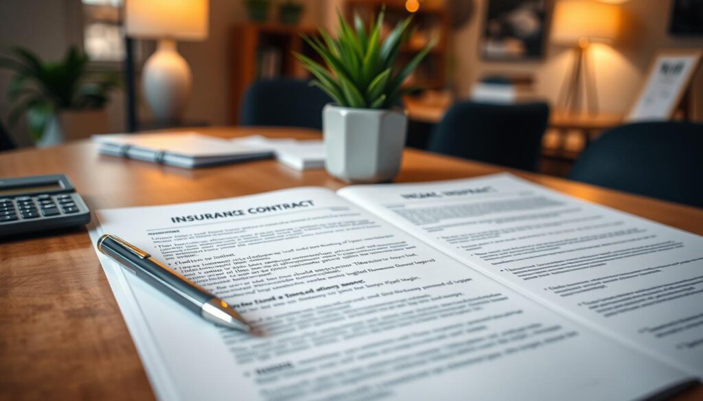 A Detailed Tabletop Scene Featuring An Open Insurance Contract With Highlighted Sections On Payment Clauses And Regulations. The Foreground Includes A Crisp, White Contract With Elegant, Clear Typography, Surrounded By A Sleek, Silver Pen And A Modern Calculator. In The Middle, There&Amp;Apos;S A Softly Lit Wooden Table With A Small Potted Plant For A Touch Of Freshness. The Background Features A Softly Blurred Office Environment With Warm, Ambient Lighting, Hinting At Professionalism And Focus. The Atmosphere Is Serious And Contemplative, Reflecting The Intricate Nature Of Travel Insurance And Its Parameters. The Image Should Have A Gentle Bokeh Effect, Emphasizing The Contract While Retaining A Clean And Organized Aesthetic.