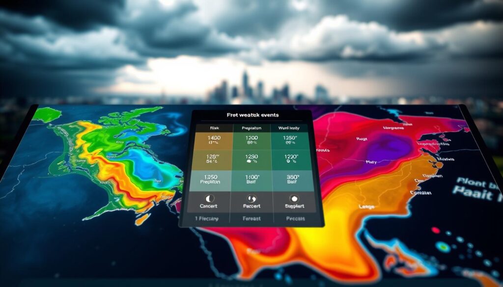 A Digital Weather Map Prominently Displaying Various Risk Levels For Outdoor Events, Set Against A Sleek, Modern Interface. In The Foreground, Intricate Graphics Illustrate Temperature Gradients, Precipitation Forecasts, And Wind Patterns With Vibrant Colors. The Middle Section Features A Comparison Of Risk Categories, With Icons Symbolizing Different Outdoor Activities Like Concerts And Sports. The Background Consists Of A Blurred Landscape Depicting A City With Storm Clouds Looming, Creating A Sense Of Urgency And Anticipation. Soft, Dramatic Lighting Enhances The Map’s Details, While A Slight Angle Showcases The Interface’s Depth. The Overall Mood Is Tense Yet Informative, Suggesting The Importance Of Accurate Weather Predictions In Evaluating Outdoor Event Risks.