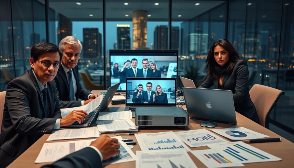 A Diverse Team Of Political Analysts, Consisting Of Three Professionals In Business Attire, Gathered Around A Large Table Cluttered With Laptops, Reports, And A Projector Displaying A Manipulated Video Still. The Foreground Highlights Expressions Of Concern And Deep Focus On Their Faces, Emphasizing A Serious Atmosphere. In The Middle Ground, Various Documents And Charts Related To Political Risk Assessment Are Spread Out, Showcasing Graphs And Data Points. The Background Features A Sleek, Modern Office With Glass Walls, City Lights Glowing In The Evening Outside, Casting A Soft, Warm Light Into The Room. The Overall Mood Is Tense Yet Collaborative, Reflecting The Urgency Of Addressing Geopolitical Deepfakes. Capture This Scene From A Slightly Elevated Angle To Include Both The Team And Their Workspace In Detail.