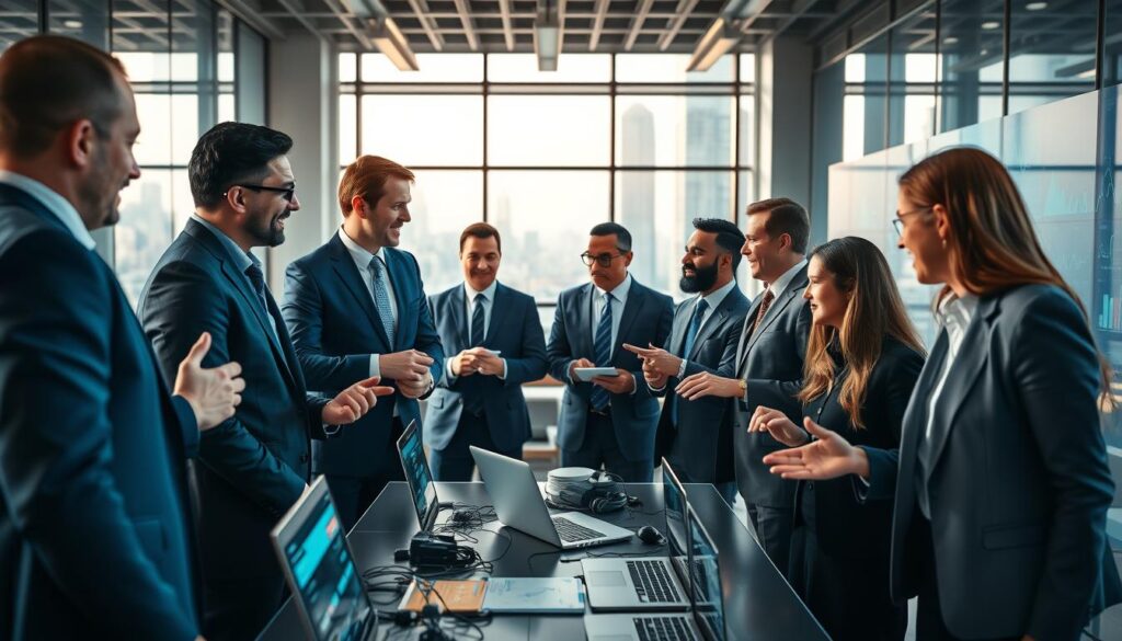 A dynamic scene depicting market players discussing and distributing roles within a digital program setting. In the foreground, diverse professionals in sleek business attire are engaged in animated conversation, some pointing at digital charts and graphs displayed on screens. The middle ground features a modern workspace filled with high-tech equipment, such as laptops and digital displays, emphasizing the digital nature of the discussion. In the background, large windows reveal a bustling cityscape, illuminated by natural light, creating an energetic atmosphere. The color palette is corporate with blues and grays, fostering a sense of professionalism and collaboration. The focus is sharp on the people, while a gentle blur gives depth to the background, enhancing the overall emphasis on the market actors. A Dynamic Scene Depicting Market Players Discussing And Distributing Roles Within A Digital Program Setting. In The Foreground, Diverse Professionals In Sleek Business Attire Are Engaged In Animated Conversation, Some Pointing At Digital Charts And Graphs Displayed On Screens. The Middle Ground Features A Modern Workspace Filled With High-Tech Equipment, Such As Laptops And Digital Displays, Emphasizing The Digital Nature Of The Discussion. In The Background, Large Windows Reveal A Bustling Cityscape, Illuminated By Natural Light, Creating An Energetic Atmosphere. The Color Palette Is Corporate With Blues And Grays, Fostering A Sense Of Professionalism And Collaboration. The Focus Is Sharp On The People, While A Gentle Blur Gives Depth To The Background, Enhancing The Overall Emphasis On The Market Actors.