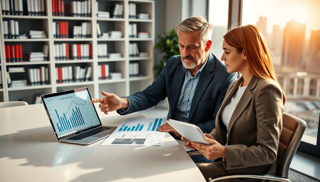 A financial advisor and a client are seated at a sleek modern desk in a well-lit office, analyzing financial charts and documents. The advisor, a middle-aged professional in a tailored suit, gestures towards a laptop displaying comparison graphs of euro funds and unit-linked accounts. The client, a young woman in smart business attire, looks thoughtfully at the screen, holding a notepad filled with notes. In the background, shelves filled with financial books and a large window showcasing a city skyline bathed in soft afternoon sunlight create a professional atmosphere. The image conveys a sense of focus and collaboration, emphasizing the critical analysis of financial options in a life insurance context. Bright lighting accentuates expressions and reflects the importance of informed decision-making. A Financial Advisor And A Client Are Seated At A Sleek Modern Desk In A Well-Lit Office, Analyzing Financial Charts And Documents. The Advisor, A Middle-Aged Professional In A Tailored Suit, Gestures Towards A Laptop Displaying Comparison Graphs Of Euro Funds And Unit-Linked Accounts. The Client, A Young Woman In Smart Business Attire, Looks Thoughtfully At The Screen, Holding A Notepad Filled With Notes. In The Background, Shelves Filled With Financial Books And A Large Window Showcasing A City Skyline Bathed In Soft Afternoon Sunlight Create A Professional Atmosphere. The Image Conveys A Sense Of Focus And Collaboration, Emphasizing The Critical Analysis Of Financial Options In A Life Insurance Context. Bright Lighting Accentuates Expressions And Reflects The Importance Of Informed Decision-Making.
