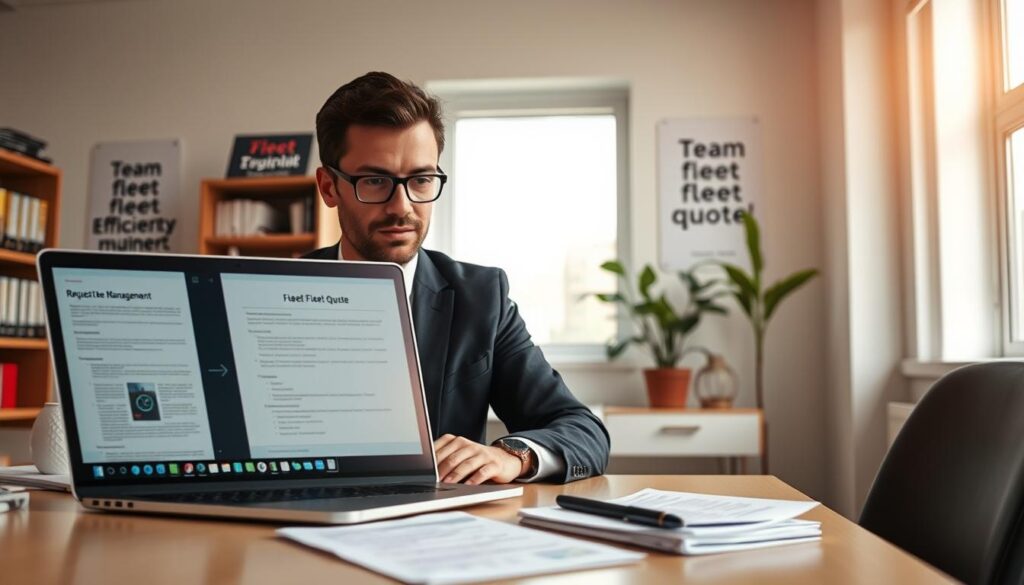 A focused business manager, dressed in professional attire, seated at a modern desk in a bright, well-organized office space, diligently preparing a request for a vehicle fleet quote. The foreground features a laptop open with various fleet management documents displayed on the screen, alongside a notepad filled with handwritten notes and a pen. In the middle, a large window allows natural light to flood the room, illuminating motivational posters on the walls about teamwork and efficiency. In the background, a bookshelf filled with industry-related books and a potted plant adds a touch of greenery. The atmosphere is one of concentration and professionalism, emphasizing the importance of fleet management in a B2B context. Soft, warm lighting enhances the serious yet motivating mood of the scene. A Focused Business Manager, Dressed In Professional Attire, Seated At A Modern Desk In A Bright, Well-Organized Office Space, Diligently Preparing A Request For A Vehicle Fleet Quote. The Foreground Features A Laptop Open With Various Fleet Management Documents Displayed On The Screen, Alongside A Notepad Filled With Handwritten Notes And A Pen. In The Middle, A Large Window Allows Natural Light To Flood The Room, Illuminating Motivational Posters On The Walls About Teamwork And Efficiency. In The Background, A Bookshelf Filled With Industry-Related Books And A Potted Plant Adds A Touch Of Greenery. The Atmosphere Is One Of Concentration And Professionalism, Emphasizing The Importance Of Fleet Management In A B2B Context. Soft, Warm Lighting Enhances The Serious Yet Motivating Mood Of The Scene.