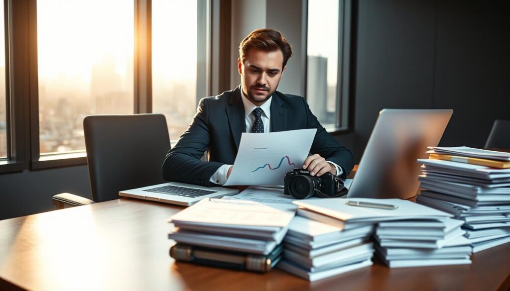 A focused business professional, dressed in a smart suit, is seated at a sleek wooden desk, diligently preparing digital documentation for contested evidence in a modern office space. In the foreground, a laptop displays intricate graphs and data related to visual claims, with a high-tech digital camera placed beside it. The middle ground features stacks of organized files and notes, highlighting a sense of urgency and thoroughness. The background showcases a large window revealing a city skyline bathed in warm afternoon light, casting soft shadows across the room. The atmosphere is intense yet purposeful, symbolizing the battle against misleading visual evidence in insurance claims. The lighting is bright, emphasizing professionalism and clarity, with a shallow depth of field focused on the subject. A Focused Business Professional, Dressed In A Smart Suit, Is Seated At A Sleek Wooden Desk, Diligently Preparing Digital Documentation For Contested Evidence In A Modern Office Space. In The Foreground, A Laptop Displays Intricate Graphs And Data Related To Visual Claims, With A High-Tech Digital Camera Placed Beside It. The Middle Ground Features Stacks Of Organized Files And Notes, Highlighting A Sense Of Urgency And Thoroughness. The Background Showcases A Large Window Revealing A City Skyline Bathed In Warm Afternoon Light, Casting Soft Shadows Across The Room. The Atmosphere Is Intense Yet Purposeful, Symbolizing The Battle Against Misleading Visual Evidence In Insurance Claims. The Lighting Is Bright, Emphasizing Professionalism And Clarity, With A Shallow Depth Of Field Focused On The Subject.