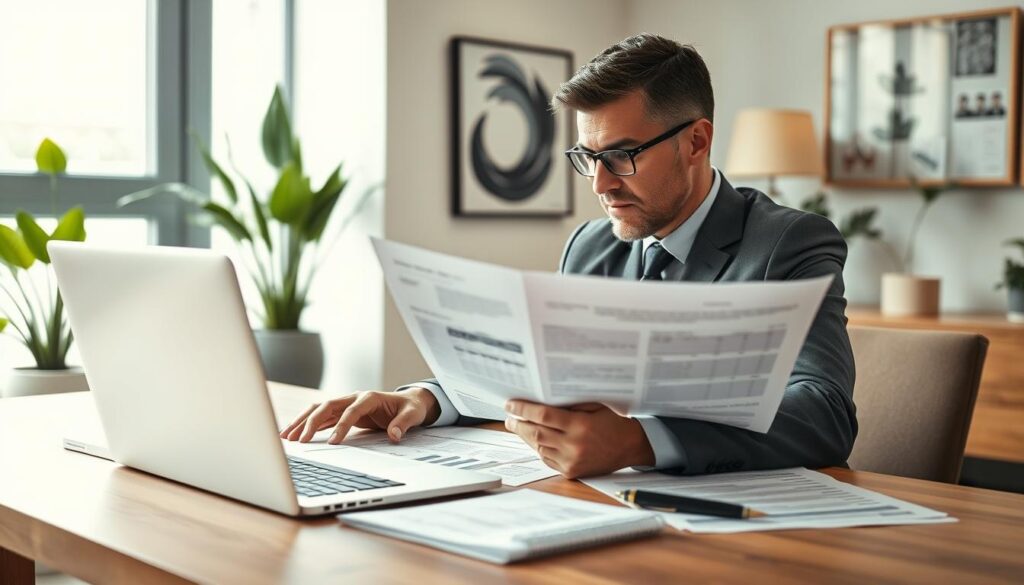 A focused client, dressed in business attire, sits at a modern wooden desk surrounded by paperwork, intently reviewing documents that outline exclusions for insurance coverage. The foreground features a laptop open, displaying charts and figures. In the middle, a notepad and pen lie beside the documents, emphasizing the meticulous nature of their task. The background includes a large window that lets in soft, natural light, creating a calm and professional atmosphere. The room is tastefully decorated with plants and a contemporary art piece, suggesting a sophisticated environment. The image captures a serious and determined mood, reflecting the client's diligence in understanding the intricacies of their insurance options. The composition is framed from a slight angle, showcasing the client in profile while maintaining focus on the materials they are reviewing. A Focused Client, Dressed In Business Attire, Sits At A Modern Wooden Desk Surrounded By Paperwork, Intently Reviewing Documents That Outline Exclusions For Insurance Coverage. The Foreground Features A Laptop Open, Displaying Charts And Figures. In The Middle, A Notepad And Pen Lie Beside The Documents, Emphasizing The Meticulous Nature Of Their Task. The Background Includes A Large Window That Lets In Soft, Natural Light, Creating A Calm And Professional Atmosphere. The Room Is Tastefully Decorated With Plants And A Contemporary Art Piece, Suggesting A Sophisticated Environment. The Image Captures A Serious And Determined Mood, Reflecting The Client&Amp;Apos;S Diligence In Understanding The Intricacies Of Their Insurance Options. The Composition Is Framed From A Slight Angle, Showcasing The Client In Profile While Maintaining Focus On The Materials They Are Reviewing.