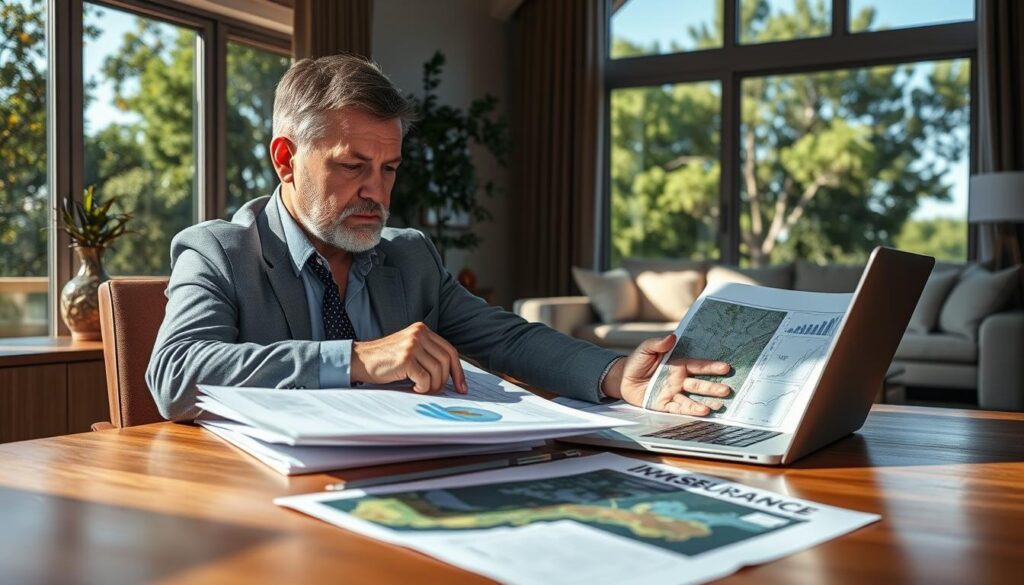 A focused image of a homeowner, a middle-aged man in professional business attire, seated at a stylish wooden desk, intently comparing various home insurance proposals laid out before him. The foreground features detailed documents and a laptop, highlighting graphs and satellite imagery. In the middle ground, a cozy and modern living room accentuates the contrast between security and uncertainty, with sunlight streaming through large windows, casting soft shadows. The background shows lush outdoor trees and a clear blue sky, creating an atmosphere of calm amidst the homeowner's serious deliberation. The lighting is natural and inviting, emphasizing the importance of thoughtful decision-making in the face of climate risks. A Focused Image Of A Homeowner, A Middle-Aged Man In Professional Business Attire, Seated At A Stylish Wooden Desk, Intently Comparing Various Home Insurance Proposals Laid Out Before Him. The Foreground Features Detailed Documents And A Laptop, Highlighting Graphs And Satellite Imagery. In The Middle Ground, A Cozy And Modern Living Room Accentuates The Contrast Between Security And Uncertainty, With Sunlight Streaming Through Large Windows, Casting Soft Shadows. The Background Shows Lush Outdoor Trees And A Clear Blue Sky, Creating An Atmosphere Of Calm Amidst The Homeowner&Amp;Apos;S Serious Deliberation. The Lighting Is Natural And Inviting, Emphasizing The Importance Of Thoughtful Decision-Making In The Face Of Climate Risks.