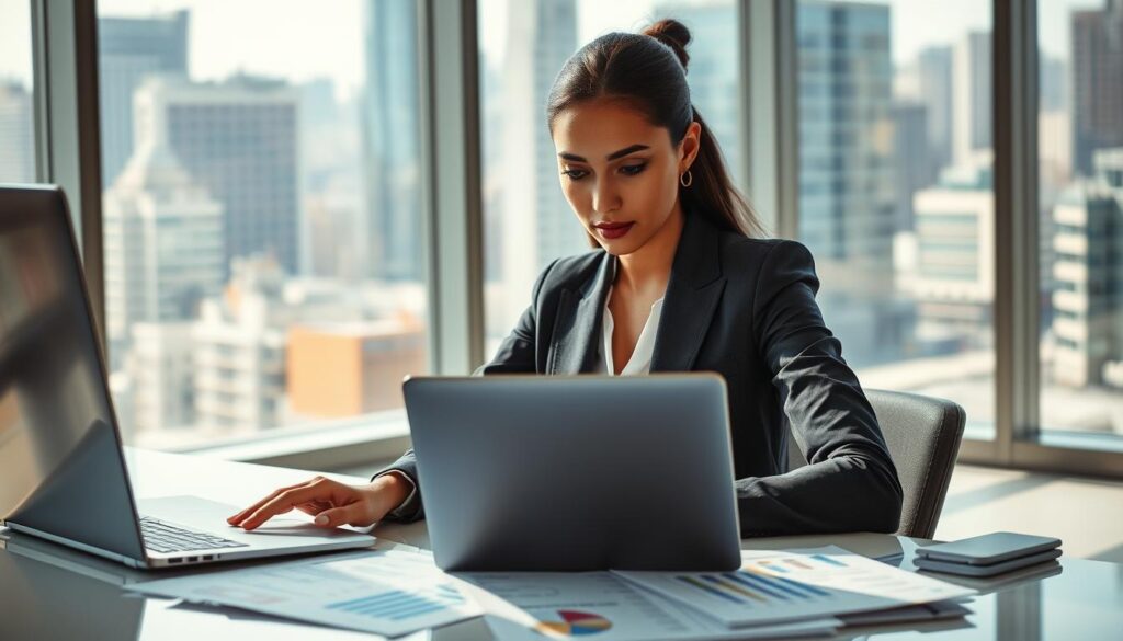 A Focused, Mid-Shot Image Of A Dedicated Professional Woman In Smart, Business Attire, Seated At A Modern Desk Surrounded By Digital Devices And Paperwork Related To Microinsurance. The Foreground Highlights Her Intent Expression As She Looks At A Laptop Screen, With Documents Filled With Data And Charts Spread Out Before Her. In The Middle, The Sleek Office Environment Features Soft Natural Lighting Filtering Through Large Windows, Casting Gentle Shadows. The Background Presents A Cityscape View, Hinting At A Busy Urban Setting That Symbolizes The Fast-Paced World Of Finance And Technology. The Overall Mood Is One Of Determination And Concentration, Reflecting The Challenge Of Making Accessible Insurance Solutions. There Are No Inscriptions Or Distractions, Ensuring A Clean Visual Focus On The Subject.