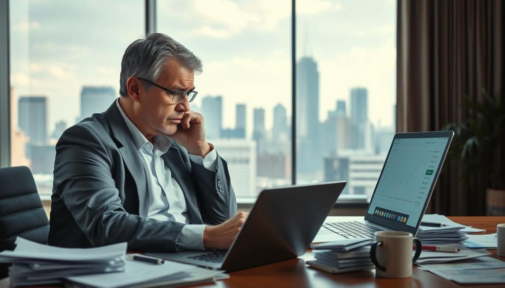 A Focused, Professional Office Scene Depicting A Frustrated Businessperson In Their Late 30S, Wearing Business Attire, Sitting At A Desk Strewn With Paperwork And A Laptop Displaying Analytics. They’re Looking At The Screen With A Furrowed Brow, Indicating Distress Over Financial Losses Due To An Ai Recommendation Gone Wrong. In The Background, A Large Window Shows An Abstract City Skyline, Suggesting A Corporate Environment. Soft, Natural Lighting Filters Through The Window, Casting Gentle Shadows. The Atmosphere Is Tense Yet Focused, Emphasizing The Seriousness Of Accountability In Ai Error Situations. Elements Like A Coffee Cup And Financial Reports Add To The Realism, With No Visible Text Or Markings In The Image.