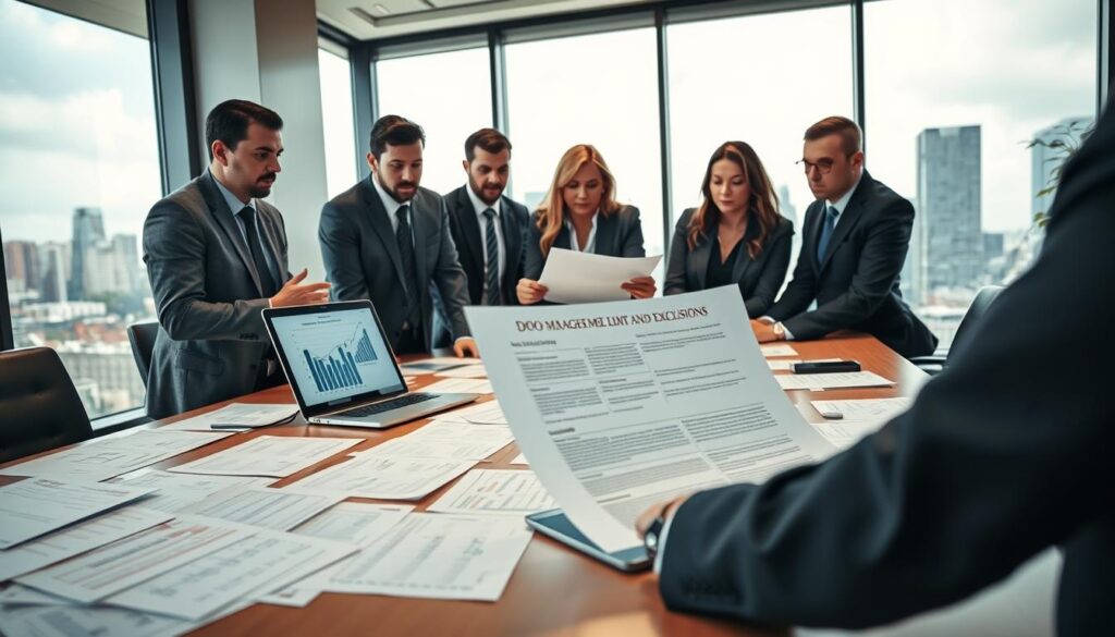 A focused scene in a modern office with a large table scattered with documents detailing the limits and exclusions of a D&O policy. In the foreground, a diverse group of four professionals in business attire are deeply engaged in discussion, analyzing a document with serious expressions. The middle ground shows a laptop open, displaying charts and graphs related to risk management. The background features large windows with a city skyline, allowing natural light to flood the room, creating a serious yet enlightening atmosphere. The mood is tense yet contemplative, hinting at the high stakes involved. The angle is slightly above eye level, capturing both the table and the professionals’ engaged expressions. Illuminate the scene with warm lighting to enhance the professionalism of the setting. A Focused Scene In A Modern Office With A Large Table Scattered With Documents Detailing The Limits And Exclusions Of A D&Amp;O Policy. In The Foreground, A Diverse Group Of Four Professionals In Business Attire Are Deeply Engaged In Discussion, Analyzing A Document With Serious Expressions. The Middle Ground Shows A Laptop Open, Displaying Charts And Graphs Related To Risk Management. The Background Features Large Windows With A City Skyline, Allowing Natural Light To Flood The Room, Creating A Serious Yet Enlightening Atmosphere. The Mood Is Tense Yet Contemplative, Hinting At The High Stakes Involved. The Angle Is Slightly Above Eye Level, Capturing Both The Table And The Professionals’ Engaged Expressions. Illuminate The Scene With Warm Lighting To Enhance The Professionalism Of The Setting.