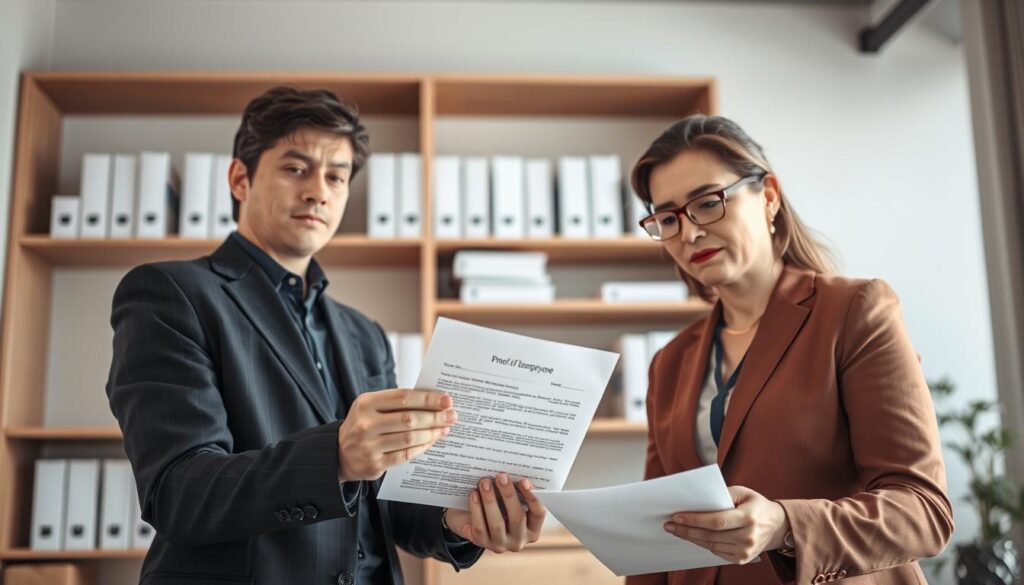 A Former Employee In A Modern Office Setting Is Handing Over A Proof Of Unemployment To An Insurance Agent. In The Foreground, The Employee, Dressed In Professional Business Attire, Appears Concerned Yet Hopeful As They Present The Document With Both Hands. The Insurance Agent, Equally Well-Dressed, Displays A Calm And Understanding Expression While Reviewing The Paperwork. In The Middle Background, Shelves Filled With Insurance Books And Paperwork Are Visible, Enhancing The Office Atmosphere. Soft, Diffused Lighting Creates A Warm And Professional Environment, Suggesting A Sense Of Trust And Professionalism. The Angle Is Slightly Above Eye-Level, Focusing On The Interaction, Conveying A Mood Of Seriousness And Empathy With A Sense Of Urgency In The Discussion.