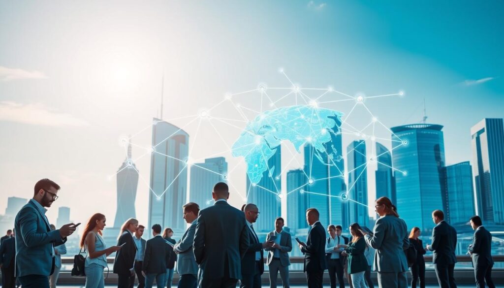 A Futuristic Scene Showcasing A Network Of Interconnected Businesses, Symbolizing A Shared It Service Provider. In The Foreground, Diverse Professionals In Business Attire Collaboratively Discussing Over Digital Devices. The Middle Ground Features A Large, Transparent Digital Map Illustrating The Interconnections Between Various Enterprises, With Glowing Lines Indicating Data Flow. In The Background, A Modern City Skyline With Sleek Glass Buildings Under A Bright, Clear Sky, Conveying Innovation And Advancement. Soft, Diffused Lighting Enhances The High-Tech Atmosphere, While A Slightly Low-Angle Perspective Emphasizes The Scale Of Collaboration. The Overall Mood Is Dynamic And Optimistic, Reflecting The Evolution Of Traditional Modeling In The Insurance Field.
