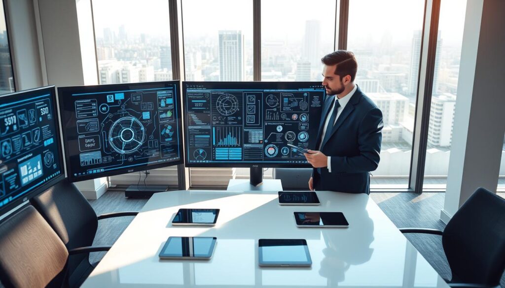 A modern business office environment showcasing a small and medium enterprise (SME) representative interacting with computer screens filled with complex network diagrams and interconnected systems. In the foreground, the professional, dressed in smart business attire, is focused on analyzing data from multiple partner systems displayed on high-resolution monitors. The middle ground includes a sleek conference table surrounded by digital devices like tablets and smartphones, highlighting a tech-savvy atmosphere. The background features large windows with a cityscape view, bathed in natural daylight, contributing to a bright and optimistic mood. The composition, captured from a high angle, emphasizes connectivity and collaboration among business partners in the face of digital challenges, reflecting the theme of resilience against automated cyber threats. A Modern Business Office Environment Showcasing A Small And Medium Enterprise (Sme) Representative Interacting With Computer Screens Filled With Complex Network Diagrams And Interconnected Systems. In The Foreground, The Professional, Dressed In Smart Business Attire, Is Focused On Analyzing Data From Multiple Partner Systems Displayed On High-Resolution Monitors. The Middle Ground Includes A Sleek Conference Table Surrounded By Digital Devices Like Tablets And Smartphones, Highlighting A Tech-Savvy Atmosphere. The Background Features Large Windows With A Cityscape View, Bathed In Natural Daylight, Contributing To A Bright And Optimistic Mood. The Composition, Captured From A High Angle, Emphasizes Connectivity And Collaboration Among Business Partners In The Face Of Digital Challenges, Reflecting The Theme Of Resilience Against Automated Cyber Threats.