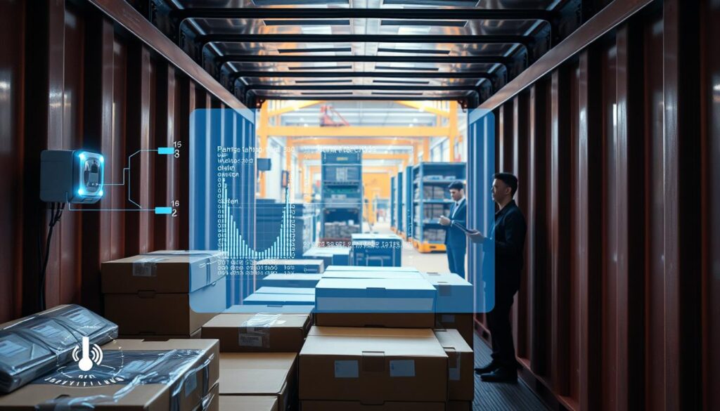 A modern logistics scene inside a freight transport container, filled with various packaged goods, under the watchful eye of IoT sensors. In the foreground, detailed close-ups of sleek, high-tech sensors attached to the boxes, softly glowing with blue LED lights. In the middle, a semi-transparent digital display overlay showcases real-time data readings, such as temperature and humidity levels. The background features a bustling loading dock with workers in professional attire, managing the cargo with hand-held devices, surrounded by industrial equipment. The lighting is bright and clinical, conveying a sense of advanced technology and precision. The mood is focused and efficient, illustrating the critical role of IoT in supply chain management. A Modern Logistics Scene Inside A Freight Transport Container, Filled With Various Packaged Goods, Under The Watchful Eye Of Iot Sensors. In The Foreground, Detailed Close-Ups Of Sleek, High-Tech Sensors Attached To The Boxes, Softly Glowing With Blue Led Lights. In The Middle, A Semi-Transparent Digital Display Overlay Showcases Real-Time Data Readings, Such As Temperature And Humidity Levels. The Background Features A Bustling Loading Dock With Workers In Professional Attire, Managing The Cargo With Hand-Held Devices, Surrounded By Industrial Equipment. The Lighting Is Bright And Clinical, Conveying A Sense Of Advanced Technology And Precision. The Mood Is Focused And Efficient, Illustrating The Critical Role Of Iot In Supply Chain Management.
