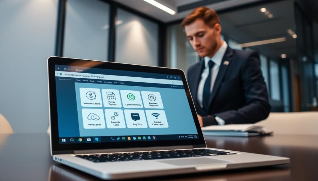 A Modern Office Environment Showcasing The Digital Transmission Of Payment Data For Insurance Subscription. In The Foreground, A Close-Up Of A Laptop Screen Displays A User-Friendly Software Interface With Icons Representing Insurance Options, Payment Methods, And Secure Data Transfer. In The Middle Ground, A Professional In Business Attire, Focused And Engaged, Interacts With The Software, Highlighting The Human Aspect Of Technology In Business. The Background Features A Sleek, Contemporary Office Space With Subtle, Diffused Lighting That Creates A Calm And Productive Atmosphere. The Scene Captures The Intersection Of Technology And B2B Insurance, Emphasizing Efficiency And Security. The Image Is Devoid Of Any Text, Ensuring A Clean And Professional Look.