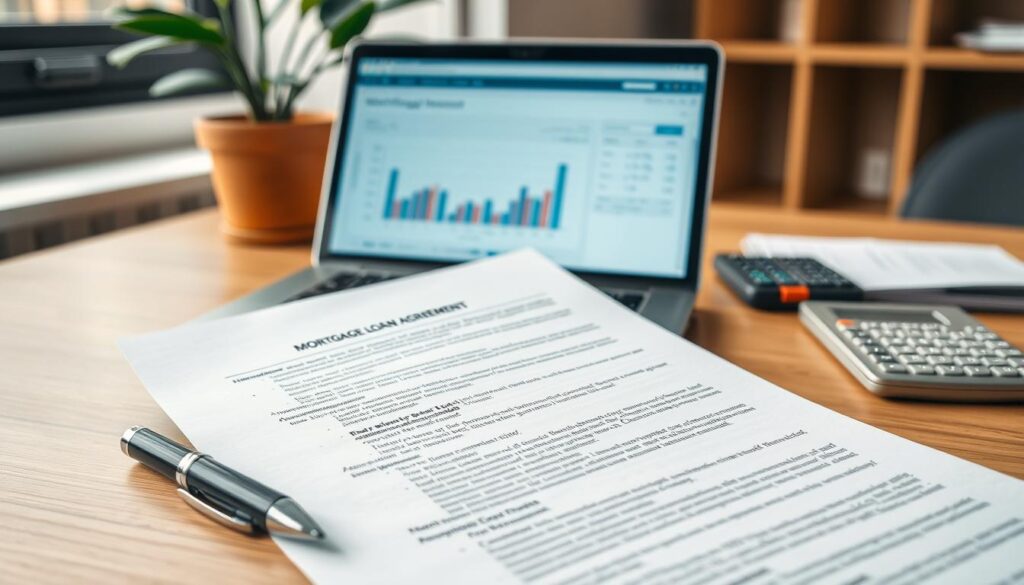 A neatly arranged desktop scene featuring a detailed mortgage loan agreement document. The foreground shows the document prominently, with clear bullet points highlighting key terms. On the side, a stylish pen rests on a wooden table. In the middle ground, a laptop displays a financial analysis webpage, while a calculator is open with numbers visible. The background features calming office elements like a potted plant and a window letting in natural light, creating a warm and professional atmosphere. The lighting is soft, illuminating the document’s text and adding a sense of clarity. The overall mood is focused and serious, reflecting the important topic of mortgage insurance and its implications. A Neatly Arranged Desktop Scene Featuring A Detailed Mortgage Loan Agreement Document. The Foreground Shows The Document Prominently, With Clear Bullet Points Highlighting Key Terms. On The Side, A Stylish Pen Rests On A Wooden Table. In The Middle Ground, A Laptop Displays A Financial Analysis Webpage, While A Calculator Is Open With Numbers Visible. The Background Features Calming Office Elements Like A Potted Plant And A Window Letting In Natural Light, Creating A Warm And Professional Atmosphere. The Lighting Is Soft, Illuminating The Document’s Text And Adding A Sense Of Clarity. The Overall Mood Is Focused And Serious, Reflecting The Important Topic Of Mortgage Insurance And Its Implications.