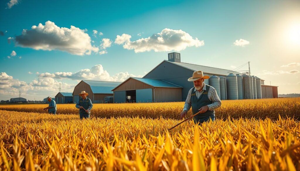 A Picturesque Agricultural Landscape Showcasing A Vibrant Harvest Scene With Golden Fields Of Ripe Crops, Reflecting The Bounty Of Nature. In The Foreground, Farmers In Professional Work Attire Engage In Collecting Crops, Their Expressions Focused And Determined. The Middle Ground Features Modern Agricultural Structures, Such As Barns And Silos, With Signs Of Being Covered By Insurance Symbols Subtly Incorporated Into The Architecture. In The Background, A Bright Blue Sky Dotted With Fluffy Clouds Adds An Uplifting Atmosphere, While The Sun Casts A Warm, Golden Hue Over The Entire Scene. The Composition Should Be Captured With A Wide-Angle Lens, Emphasizing Depth And Creating A Sense Of Optimism About Agricultural Resilience And Security. Overall, Instill A Sense Of Hard Work And The Importance Of Protection Against Risks In Farming.