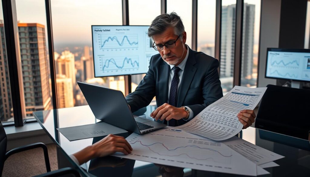 A professional actuary in a modern office setting, meticulously comparing a detailed mortality table and population data on a sleek glass table. In the foreground, the actuary, a middle-aged man in business attire, is focused and analyzing charts using a laptop and printed documents. The middle ground features a vibrant desk with a digital screen displaying complex graphs and statistical models. In the background, a large window reveals a cityscape bathed in warm, natural light, suggesting a late afternoon atmosphere. The scene is well-lit with soft shadows, creating a serious yet contemplative mood, highlighting the importance of accuracy in predictive modeling in actuarial science. No text or branding is present. A Professional Actuary In A Modern Office Setting, Meticulously Comparing A Detailed Mortality Table And Population Data On A Sleek Glass Table. In The Foreground, The Actuary, A Middle-Aged Man In Business Attire, Is Focused And Analyzing Charts Using A Laptop And Printed Documents. The Middle Ground Features A Vibrant Desk With A Digital Screen Displaying Complex Graphs And Statistical Models. In The Background, A Large Window Reveals A Cityscape Bathed In Warm, Natural Light, Suggesting A Late Afternoon Atmosphere. The Scene Is Well-Lit With Soft Shadows, Creating A Serious Yet Contemplative Mood, Highlighting The Importance Of Accuracy In Predictive Modeling In Actuarial Science. No Text Or Branding Is Present.