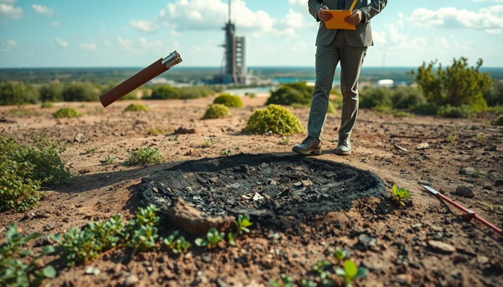 A Professional Assessment Scene Featuring A Damaged Piece Of Land, Showcasing The Aftermath Of A Space Launch. In The Foreground, An Environmental Analyst In Formal Business Attire Examines The Soil With A Clipboard And Measuring Instruments. The Middle Ground Displays A Scorched Patch Of Earth, Scattered Debris, And Surrounding Green Vegetation Affected By The Blast. In The Background, A Distant View Of A Launch Pad With A Clear Blue Sky And Soft Clouds, Emphasizing A Stark Contrast Between Technology And Nature. Natural Light Casts Soft Shadows, Enhancing The Mood Of Urgency And Concern Regarding The Impact Of Space Activities. The Angle Of The Shot Is Slightly Elevated, Giving An Overview Of The Site While Focusing On The Analyst&Amp;Apos;S Investigative Work.