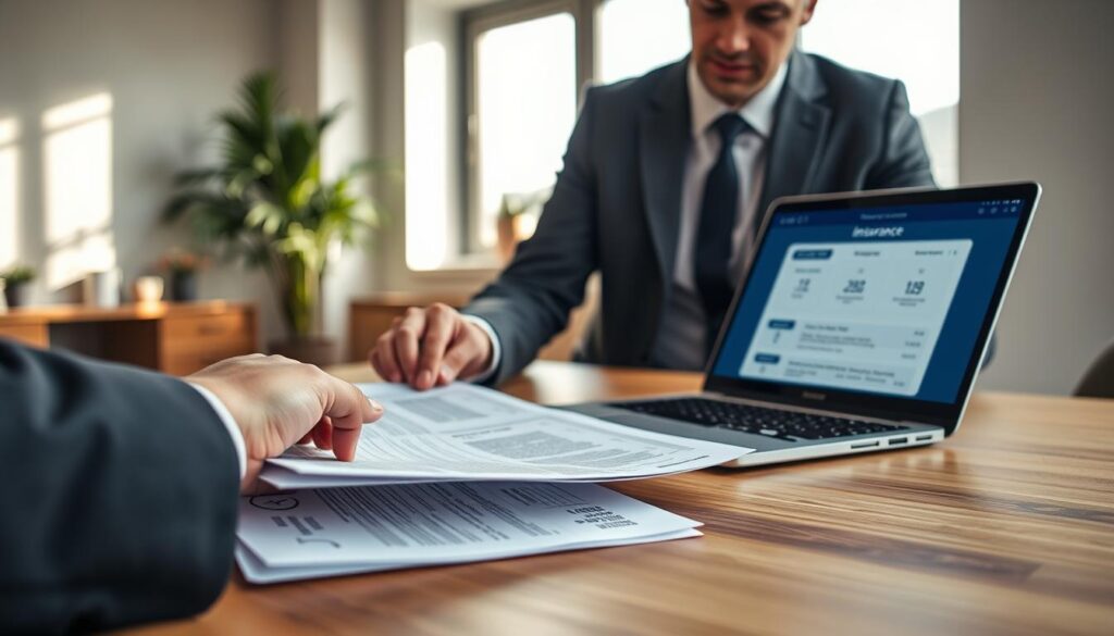 A Professional Client, Dressed In A Tailored Suit, Is Intently Reviewing A Series Of Insurance Documents On A Sleek, Modern Wooden Desk. The Foreground Features A Detailed Close-Up Of The Client&Amp;Apos;S Hands Flipping Through The Papers, With A Focus On Highlighted Sections Showing Coverage Details And Deductibles. In The Middle, Soft Natural Light Streams Through A Large Window, Illuminating A Laptop Displaying An Insurance Platform Interface. The Background Showcases A Contemporary Office Environment With Minimalistic Decor, A Potted Plant, And Neutral Colors, Creating A Calm And Focused Atmosphere. The Overall Mood Is One Of Professionalism And Diligence, Perfect For Conveying The Theme Of Empowered B2B Insurance Brokerage.
