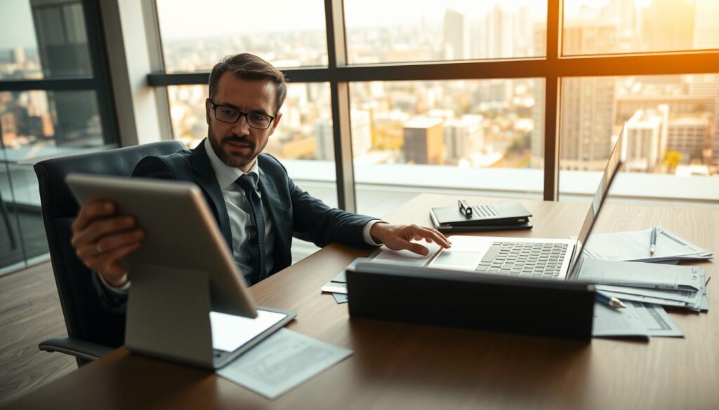 A Professional Client, Dressed In Business Attire, Is Seated At A Modern Office Desk, Interacting With A Sleek Tablet Displaying An Insurance Quote. The Foreground Shows The Tablet Screen Glowing Softly, Emphasizing Its Digital Interface, While The Client Appears Focused And Engaged. In The Middle, A Laptop And Several Insurance Documents Are Scattered Across The Desk, Highlighting A Busy Yet Organized Workspace. In The Background, A Large Window Reveals A Cityscape, Bathed In Warm Afternoon Sunlight, Creating A Lively Atmosphere. The Overall Mood Is One Of Professionalism And Confidence, Captured With A Shallow Depth Of Field To Emphasize The Foreground Details. The Lighting Is Bright, Enhancing The Scene&Amp;Apos;S Clarity And Ensuring A Polished, Contemporary Look.