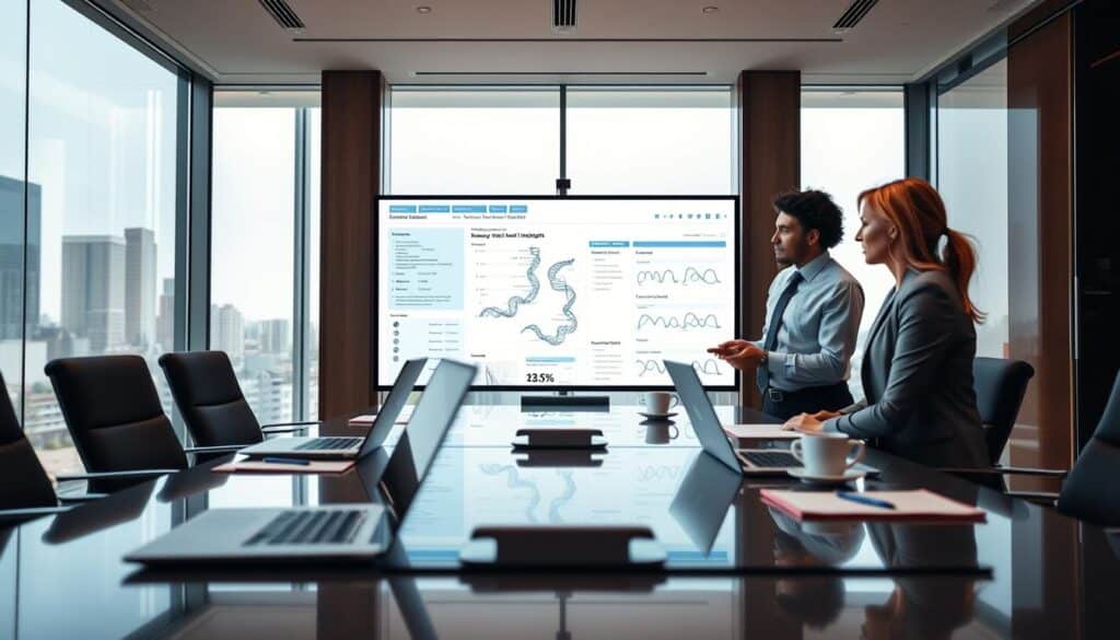A Professional Committee Examining Genetic Test Results For Insurance Purposes In A Sleek, Modern Conference Room. In The Foreground, Three Diverse Professionals, Dressed In Business Attire, Attentively Analyze A Large, Illuminated Screen Displaying Complex Genetic Data And Charts. The Middle Layer Features A Polished Conference Table With Laptops, Notepads, And Coffee Cups, Creating A Collaborative Atmosphere. In The Background, Large Windows Allow Natural Light To Illuminate The Space, Providing A View Of A City Skyline That Emphasizes The Contemporary Setting. Soft, Diffused Lighting Enhances The Serious Yet Focused Mood, Capturing The Intensity Of The Discussion Surrounding Genetic Information And Health Insurance. The Angle Is Slightly Elevated, Showcasing Both The Committee Members And The Screen In A Dynamic Composition.