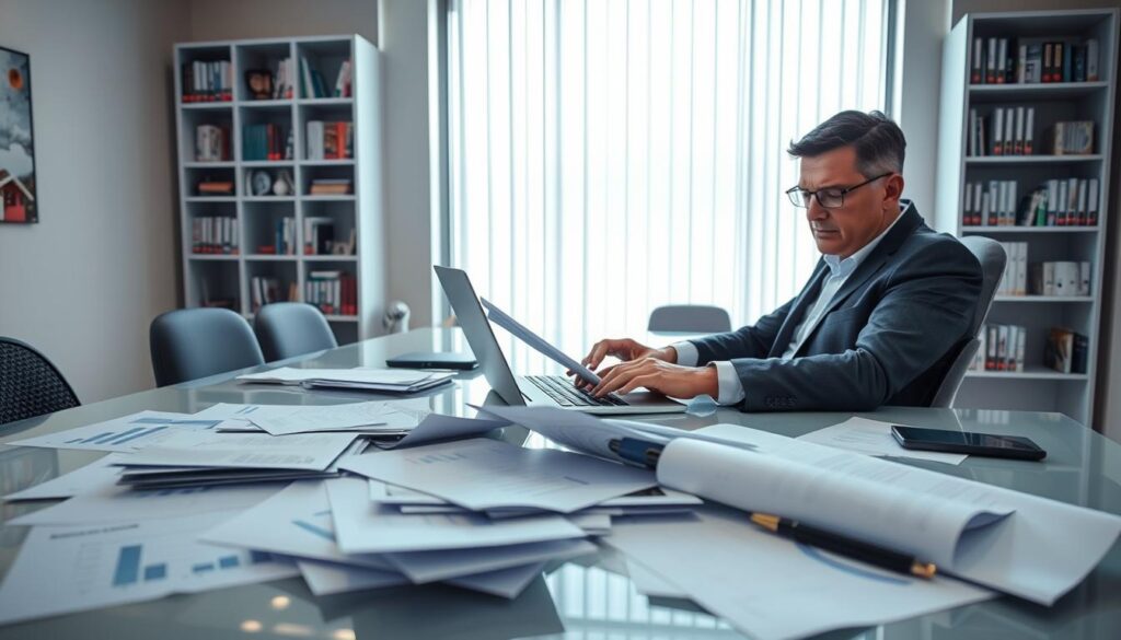 A Professional Insurance Agent Sitting At A Sleek Modern Desk In A Well-Lit Office, Meticulously Preparing An Insurance Claim Declaration. The Agent, Wearing A Smart Business Suit, Displays A Focused Expression As They Review Documents And Type On A Laptop. In The Foreground, Scattered Paperwork With Charts And Graphs Reflects The Complexity Of The Situation. In The Middle, A Large Window Allows Soft Natural Light To Illuminate The Room, Creating A Sense Of Urgency And Tension. In The Background, A Bookshelf Filled With Insurance-Related Books Emphasizes The Professional Setting. The Overall Mood Is One Of Determination And Concern, Capturing The Essence Of Navigating Challenges In The Wake Of Inaccurate Information From Ai Interactions.