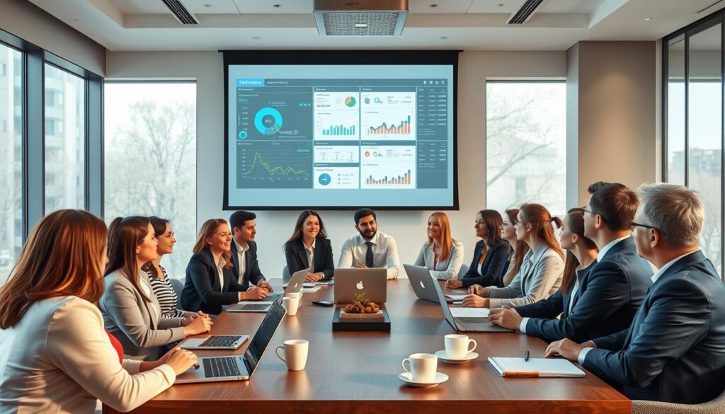 A professional meeting scene depicting a gathering of business individuals in a modern conference room. The foreground features a diverse group of people, dressed in professional business attire, attentively engaging with a large screen displaying detailed telematics data of professional vehicles. In the middle, a conference table is surrounded by laptops, notepads, and coffee cups, while a projector shows graphs and charts related to vehicle monitoring. The background includes large windows allowing natural light to flood the space, enhancing an atmosphere of collaboration and focus. The lighting is soft and warm, creating an inviting environment. Capture the scene from a slightly elevated angle to convey a clear view of the participants and their interaction with the data presented, emphasizing professionalism and innovation without any text or distractions in the image. A Professional Meeting Scene Depicting A Gathering Of Business Individuals In A Modern Conference Room. The Foreground Features A Diverse Group Of People, Dressed In Professional Business Attire, Attentively Engaging With A Large Screen Displaying Detailed Telematics Data Of Professional Vehicles. In The Middle, A Conference Table Is Surrounded By Laptops, Notepads, And Coffee Cups, While A Projector Shows Graphs And Charts Related To Vehicle Monitoring. The Background Includes Large Windows Allowing Natural Light To Flood The Space, Enhancing An Atmosphere Of Collaboration And Focus. The Lighting Is Soft And Warm, Creating An Inviting Environment. Capture The Scene From A Slightly Elevated Angle To Convey A Clear View Of The Participants And Their Interaction With The Data Presented, Emphasizing Professionalism And Innovation Without Any Text Or Distractions In The Image.