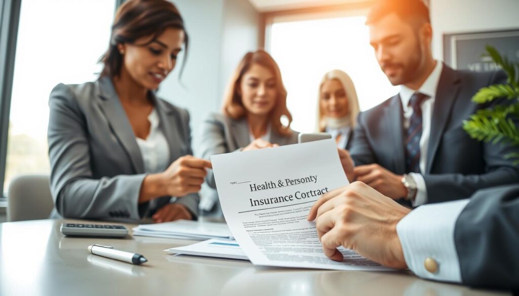 A Professional Office Setting Featuring A Close-Up View Of A Person&Amp;Apos;S Hands Reviewing An Insurance Contract Titled &Quot;Health And Personal Property Insurance.&Quot; The Foreground Shows A Neatly Arranged Desk With A Pen And A Calculator. In The Middle, A Diverse Group Of Professionals In Business Attire, Including A Woman Of Asian Descent And A Man Of African Descent, Are Engaged In A Discussion, Pointing At The Contract With Serious Expressions. The Background Reveals A Large Window With Natural Light Streaming In, Casting Soft Shadows. The Atmosphere Conveys A Sense Of Urgency And Responsibility, With A Focus On Teamwork And Thoughtful Deliberation. The Lighting Is Bright Yet Soft, Enhancing The Professionalism Of The Scene. No Text Or Branding Is Present In The Image.