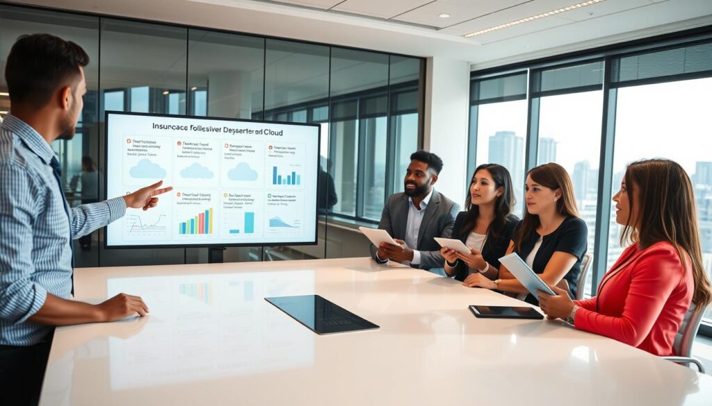 A Professional Office Setting, Featuring A Diverse Group Of Business Professionals Engaging In A Lively Discussion Around A Sleek Conference Table. In The Foreground, One Individual Points To A Large Digital Screen Displaying Multiple Insurance Policy Clauses Visually Represented, With Graphs And Charts Illustrating Their Impact On Cloud Activities. In The Middle Ground, Two Other Colleagues Observe The Screen With Thoughtful Expressions, Taking Notes On Digital Tablets. The Background Presents A Modern Office With Large Windows Showcasing A City Skyline, Allowing Natural Light To Flood The Room. The Scene Conveys A Mood Of Urgency And Collaboration, Emphasizing The Importance Of Understanding Insurance In The Context Of Cloud Services. The Lighting Is Bright Yet Soft, Creating A Professional Atmosphere.