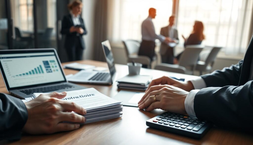 A Professional Office Setting, Focusing On A Neatly Arranged Table Covered With A Stack Of Documents Labeled &Amp;Apos;Dossier Contradictoire&Amp;Apos;. In The Foreground, A Pair Of Well-Organized Hands Examine The Papers, Dressed In Formal Business Attire, Reflecting Diligence And Attention To Detail. The Middle Ground Features An Open Laptop Displaying Data Analysis And A Calculator Nearby, Emphasizing The Analytical Nature Of Insurance Management. In The Background, Blurred Silhouettes Of Business Professionals Engaged In Discussions Hint At The Collaborative Environment. Soft, Natural Lighting Filters Through A Large Window, Casting Gentle Shadows And Creating A Contemplative Atmosphere, Underscoring The Fragility And Complexity Of Automated Processes In Insurance Management.