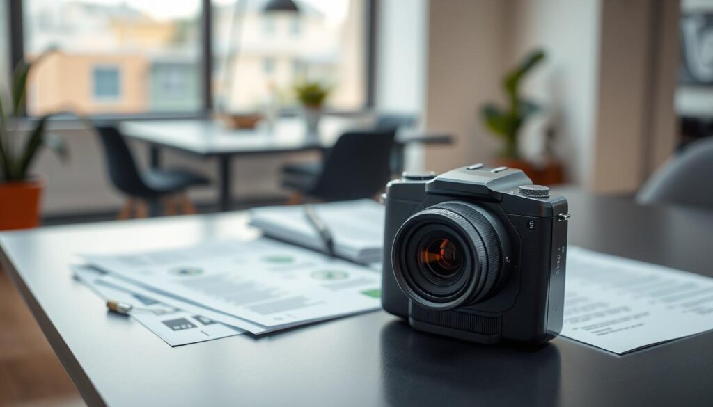 A Professional Setting Featuring A Close-Up Of A Modern Connected Camera And Various Utility Bills And Invoices Spread Across A Sleek Desk. In The Foreground, The Camera Sits Prominently, Showcasing Its High-Tech Features With A Soft Glow Emanating From Its Lens. In The Middle Ground, The Bills Are Neatly Organized, Highlighting The Contrast Between Digital And Physical Documentation. The Background Includes A Blurred, Contemporary Office Space With Soft Natural Lighting, Creating A Calm And Focused Atmosphere. The Camera&Amp;Apos;S Lens Is Angled Toward The Viewer, Capturing The Essence Of Assessing Value Through Technology. The Mood Is Analytical And Reflective, Emphasizing The Relationship Between Smart Devices And Home Insurance Financial Realities.
