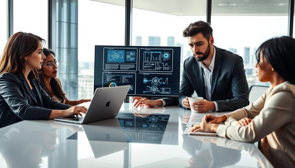 A Professional Team Of Diverse Individuals Gathered Around A Sleek, Modern Conference Table, Intensely Discussing The Risks Associated With Implementing Ai Tools. The Foreground Features A Middle-Aged Woman In Business Attire, Presenting Data On A Laptop, While A Young Man Takes Notes. In The Middle, A Digital Screen Displays Complex Algorithms And Potential Risk Scenarios. The Background Showcases A Glass Wall Overlooking A City Skyline, Suggesting A Contemporary Office Setting. Soft, Natural Lighting Streams In Through The Windows, Creating A Focused Yet Collaborative Atmosphere. The Angle Highlights Both The Individuals&Amp;Apos; Expressions Of Concern And Determination, Emphasizing The Seriousness Of Evaluating Ai-Related Risks.
