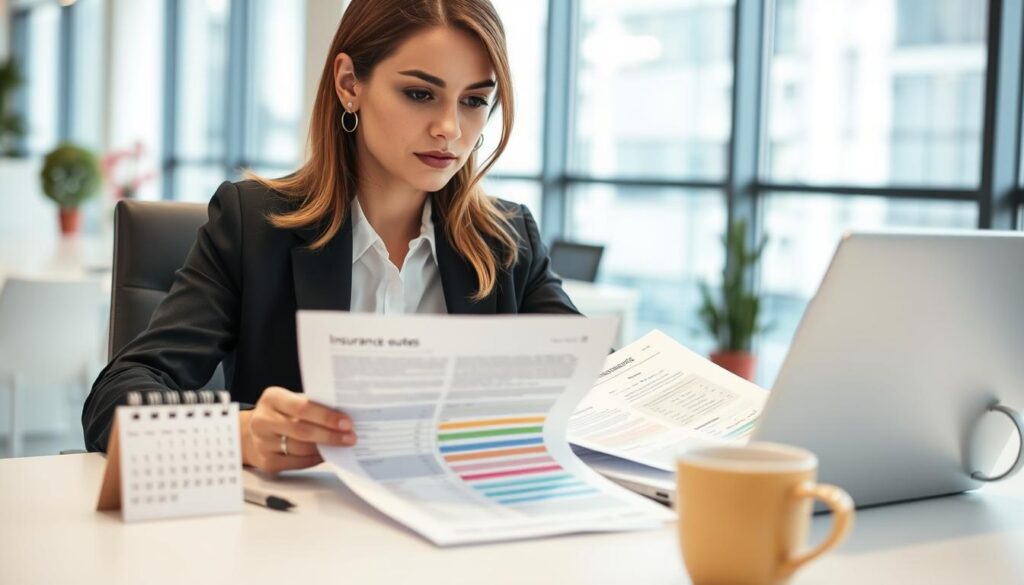A Professional Woman, Dressed In Smart Business Attire, Is Seated At A Modern Office Desk, Surrounded By Two Detailed Insurance Quotes. She Is Intently Comparing The Documents, With A Laptop Open Displaying Graphs And Charts Related To Event Insurance. The Foreground Features The Quotes Clearly Visible, With Highlighted Sections Suggesting Careful Analysis. In The Middle Ground, A Calendar On The Desk Indicates Upcoming Events, While A Coffee Cup Indicates A Long Working Session. The Background Shows A Bright Office With Large Windows Letting In Natural Light, Creating An Atmosphere Of Focus And Determination. The Mood Is Serious Yet Hopeful, Emphasizing The Importance Of Making Informed Decisions In Event Insurance. The Scene Is Captured With A Shallow Depth Of Field, Bringing Sharp Attention To Her Thoughtful Expression And The Documents.