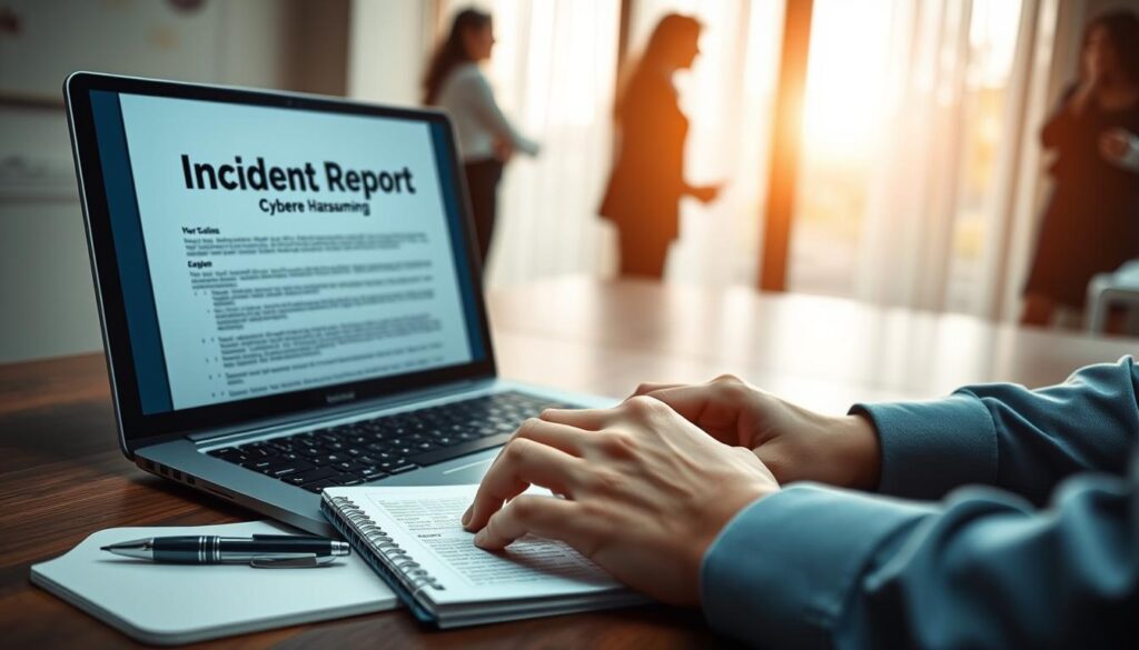 A Professional Workspace Featuring A Laptop Displaying A Sensitive Document Titled &Quot;Incident Report&Quot; Alongside A Notepad With Notes And A Pen, Symbolizing The Careful Documentation Of Cyber Harassment. In The Foreground, A Person&Amp;Apos;S Hands Are Seen Typing, Conveying A Sense Of Urgency And Diligence, Dressed In Smart Casual Attire. The Middle Ground Includes A Blurred Image Of A Window With Soft, Natural Light Streaming In, Casting A Warm Glow Over The Workspace, Creating A Focused Atmosphere. In The Background, Faint Silhouettes Of People Can Be Seen, Representing A Supportive Yet Somber Environment. The Overall Mood Is One Of Seriousness And Reflection, Emphasizing The Importance Of Record-Keeping In The Fight Against Cyberbullying.