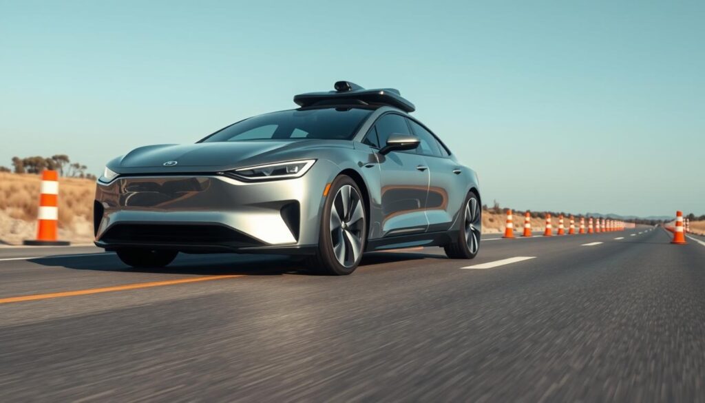 A Self-Driving Vehicle Is Being Tested On A Separated Roadway, Showcasing Its Advanced Technology. In The Foreground, The Sleek, Futuristic Autonomous Car Glistens Under Soft Daylight, Capturing Reflective Metal Details And Modern Design. In The Middle Ground, The Divided Road Is Lined With Safety Cones And Clear Lane Markings, Emphasizing The Control Measures In Place During Testing. The Background Features A Serene Landscape With Distant Trees Under A Light Blue Sky, Creating A Calm Atmosphere. The Lighting Is Bright Yet Soft, Enhancing The Vehicle&Amp;Apos;S Features And Casting Gentle Shadows. The Overall Mood Conveys A Sense Of Innovation And Progress Within The Context Of Automated Vehicles On The Road.